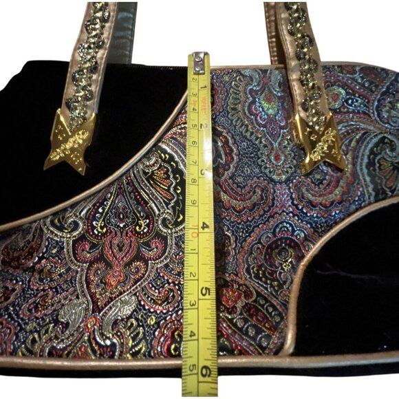 Yani Black Velvet & Gold Paisley Handbag With Decorative Straps & Elegant Detail - Picture 4 of 9